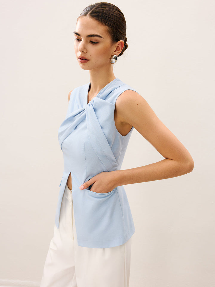 Gilet Sans Manches Plissé en Lin et Coton