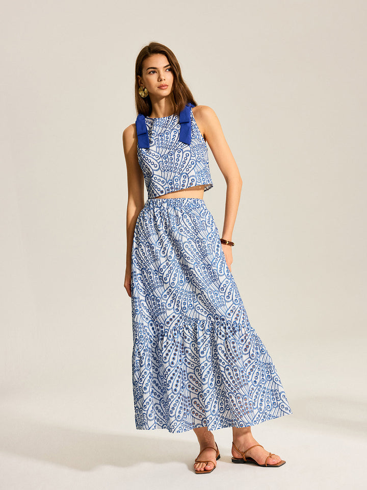 Ensemble Haut sans Manches à Bordures Contrastantes et Jupe Maxi à Taille Élastique