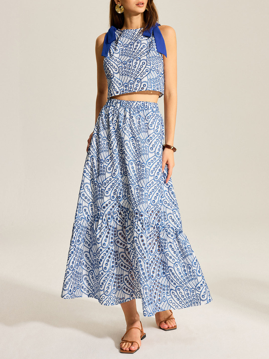 Ensemble Haut sans Manches à Bordures Contrastantes et Jupe Maxi à Taille Élastique