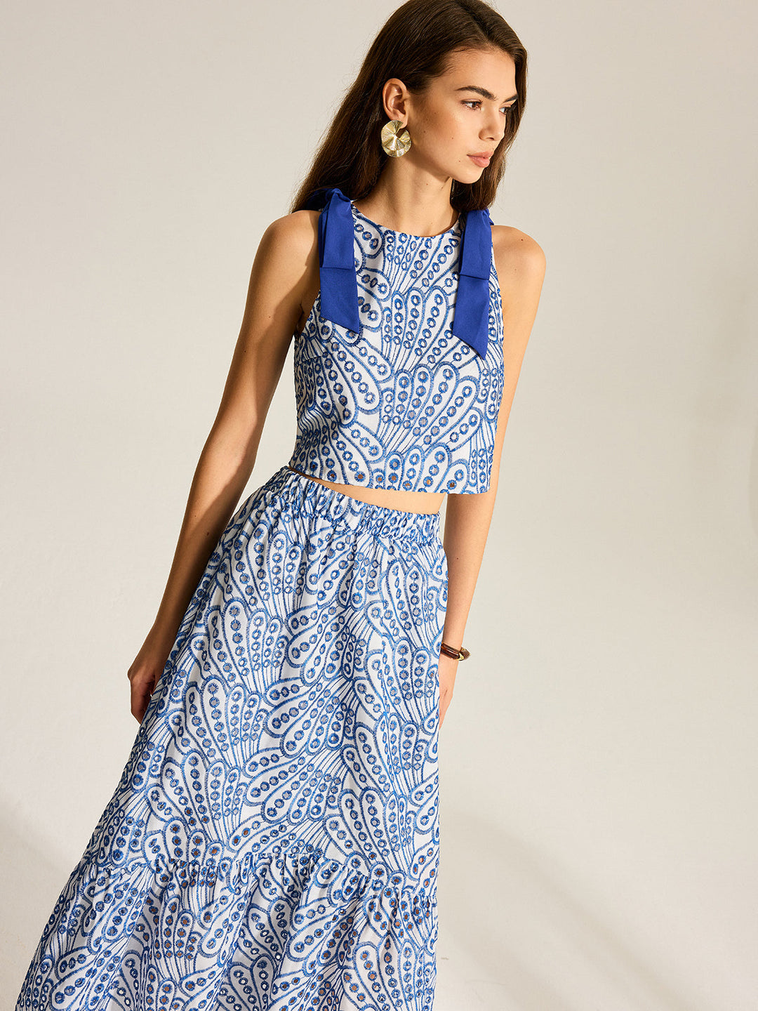 Ensemble Haut sans Manches à Bordures Contrastantes et Jupe Maxi à Taille Élastique