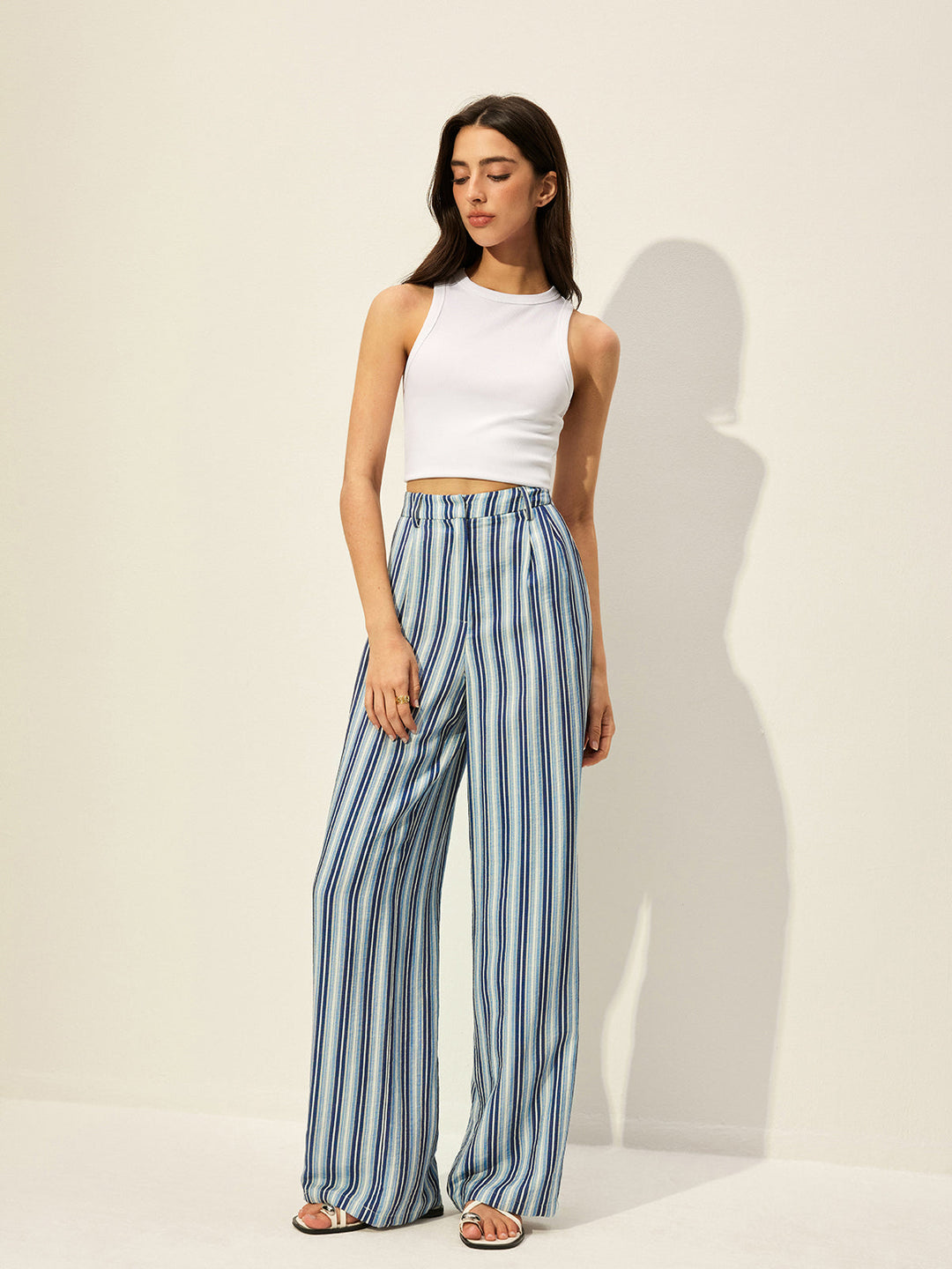 Pantalon Rayé Taille Haute en Mélange Coton