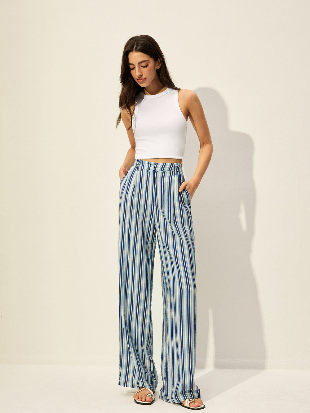 Pantalon Rayé Taille Haute en Mélange Coton