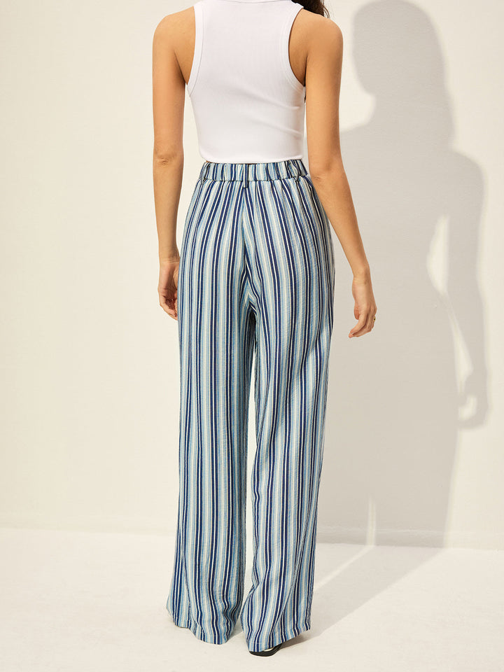 Pantalon Rayé Taille Haute en Mélange Coton