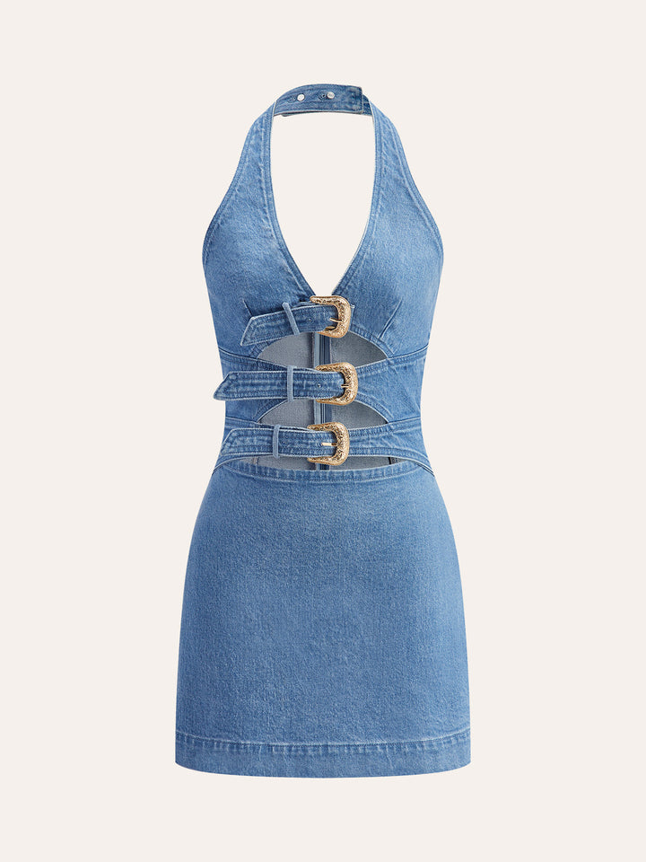 Robe en jean à col licou avec boucle