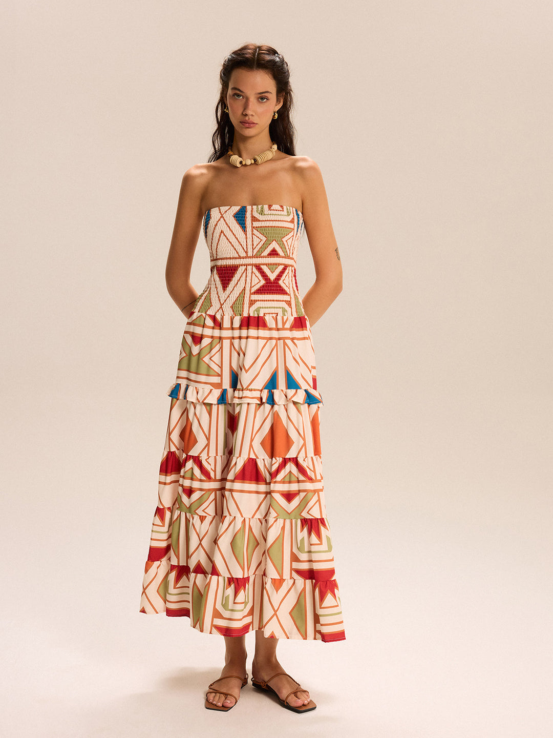 Robe Longue Sans Bretelles Color Block à Volants