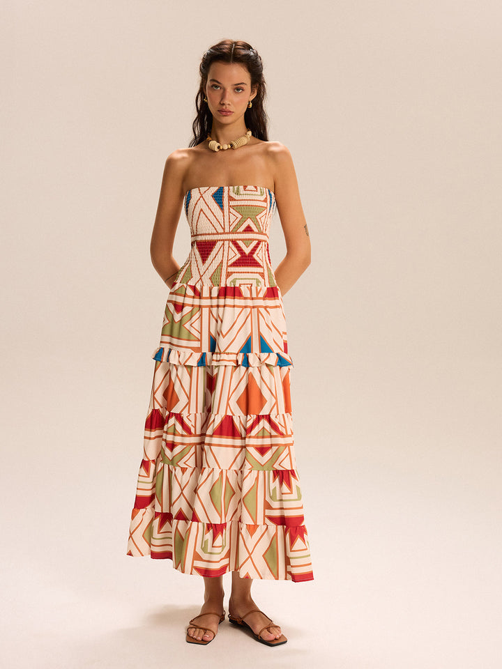 Robe Longue Sans Bretelles Color Block à Volants