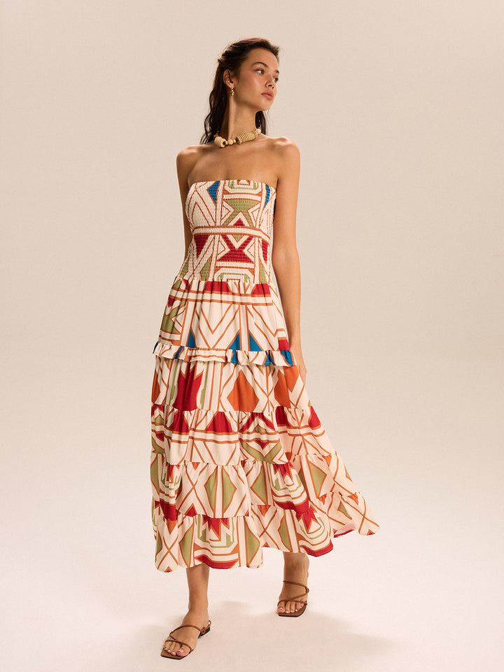Robe Longue Sans Bretelles Color Block à Volants