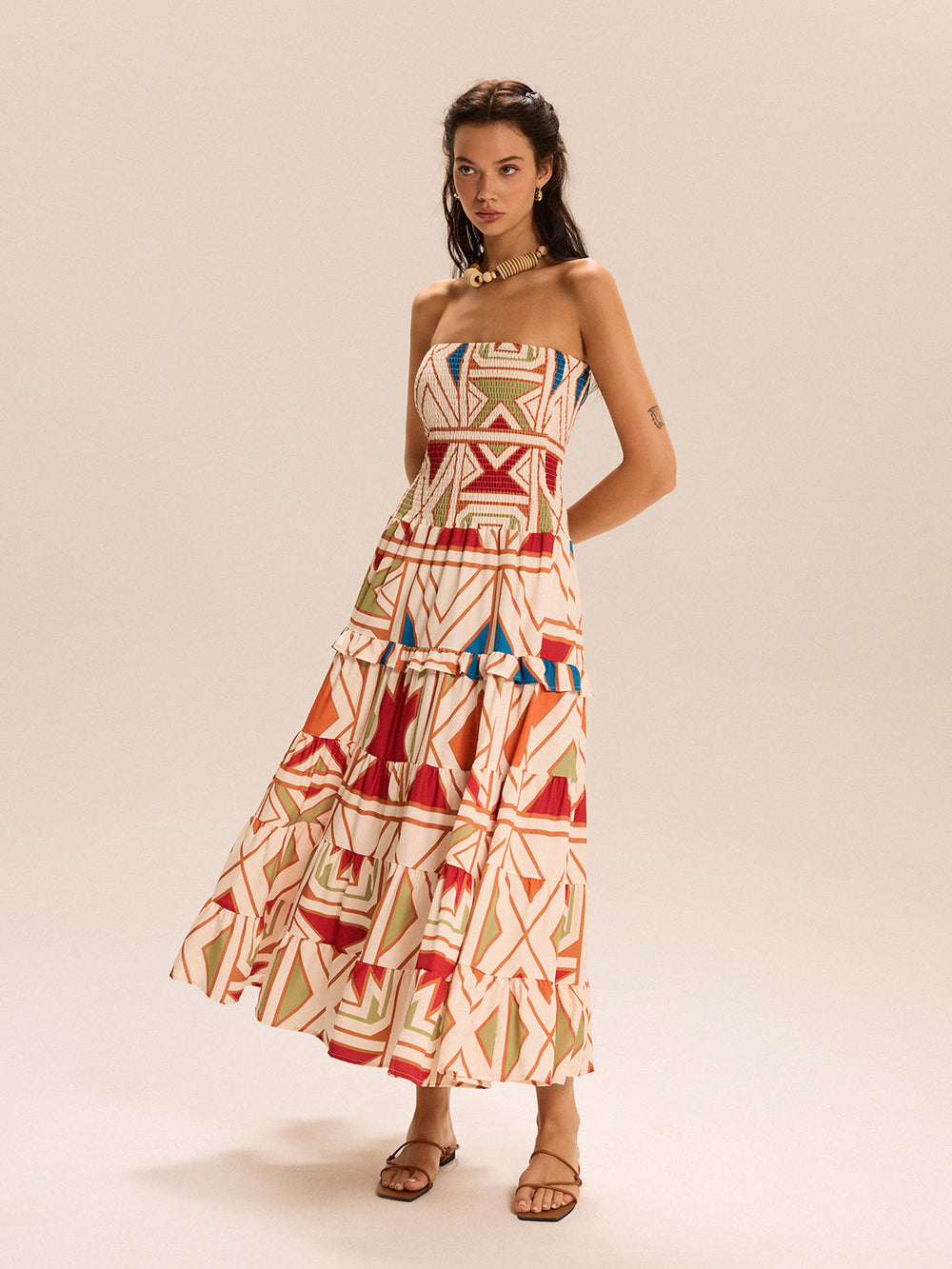 Robe Longue Sans Bretelles Color Block à Volants