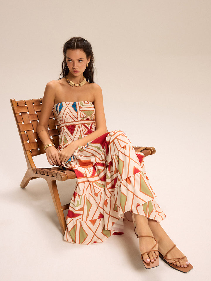 Robe Longue Sans Bretelles Color Block à Volants