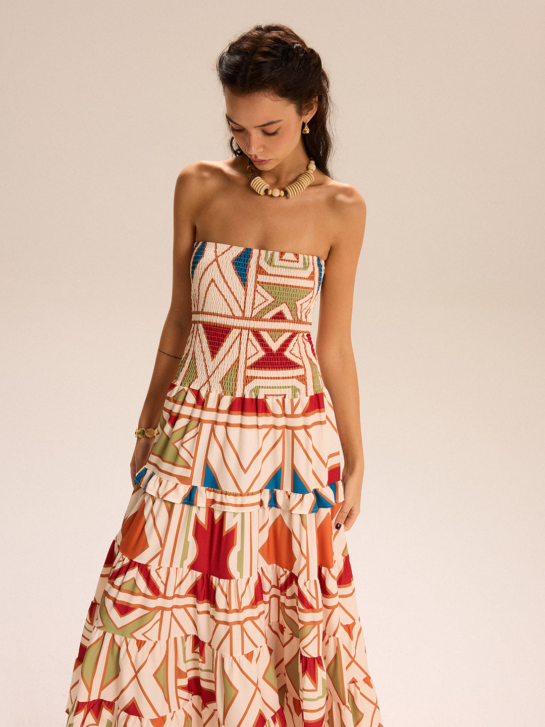 Robe Longue Sans Bretelles Color Block à Volants