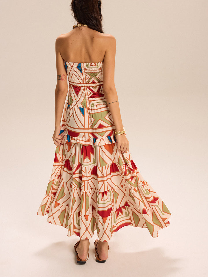 Robe Longue Sans Bretelles Color Block à Volants