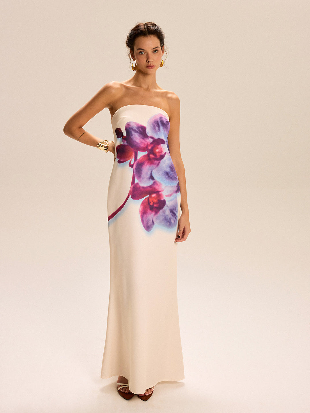 Robe Longue Sans Bretelles à Imprimé Floral