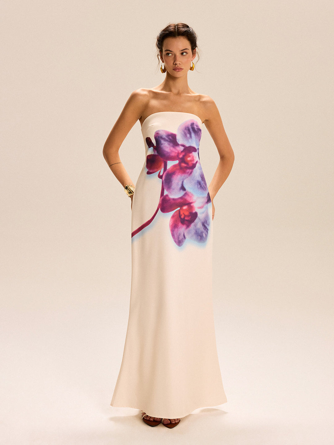 Robe Longue Sans Bretelles à Imprimé Floral