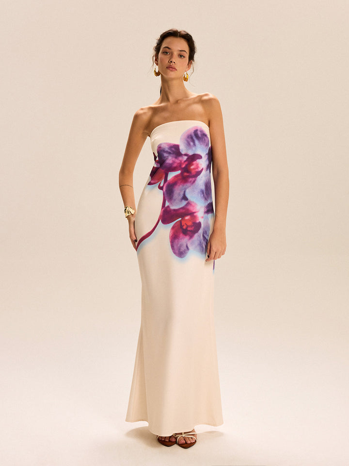 Robe Longue Sans Bretelles à Imprimé Floral