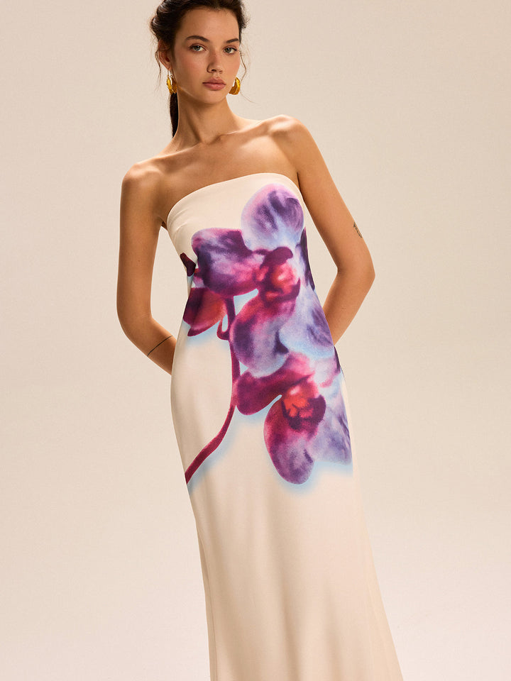 Robe Longue Sans Bretelles à Imprimé Floral