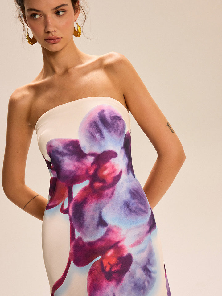Robe Longue Sans Bretelles à Imprimé Floral