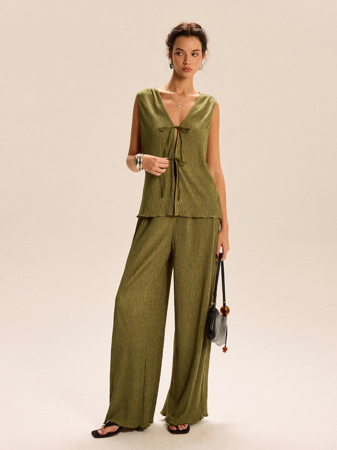 Ensemble Haut Sans Manches à Nouer Devant et Pantalon Large