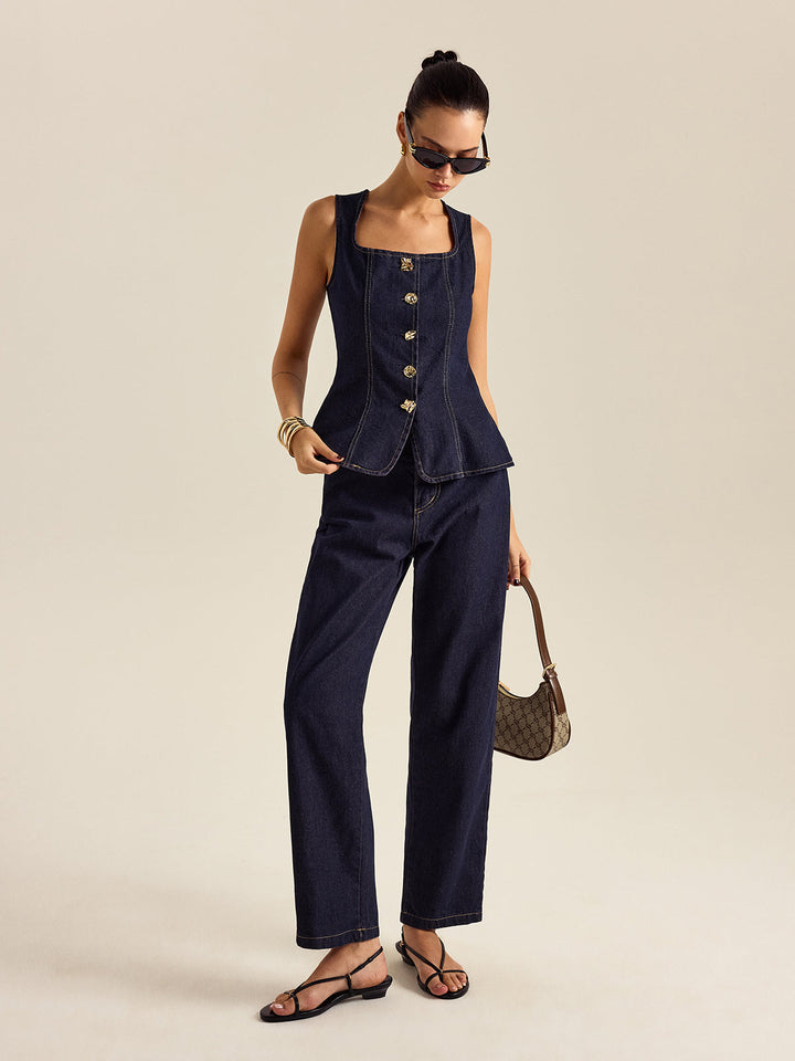 Ensemble Pantalon et Haut Peplum Bouton Métallique en Denim