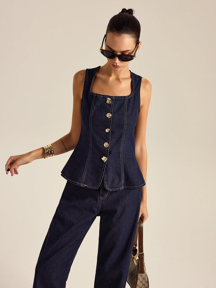 Ensemble Pantalon et Haut Peplum Bouton Métallique en Denim
