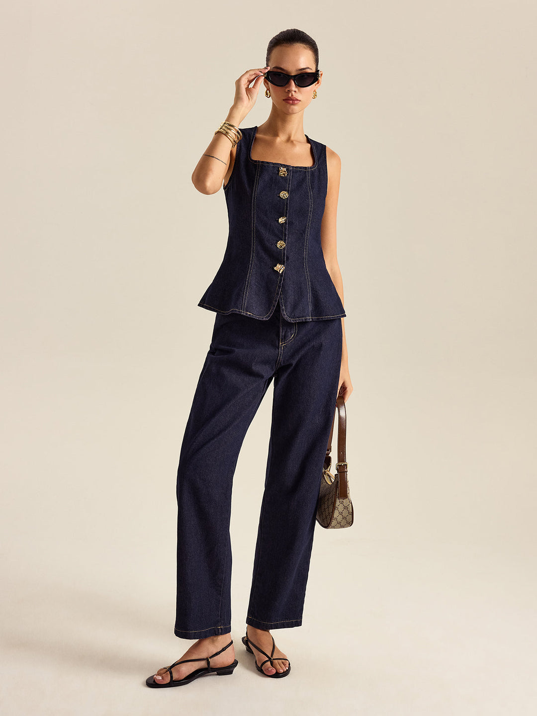 Ensemble Pantalon et Haut Peplum Bouton Métallique en Denim