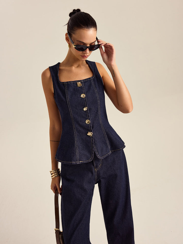 Ensemble Pantalon et Haut Peplum Bouton Métallique en Denim