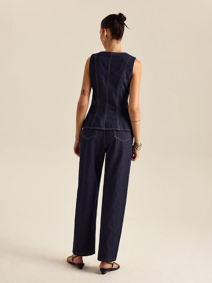 Ensemble Pantalon et Haut Peplum Bouton Métallique en Denim