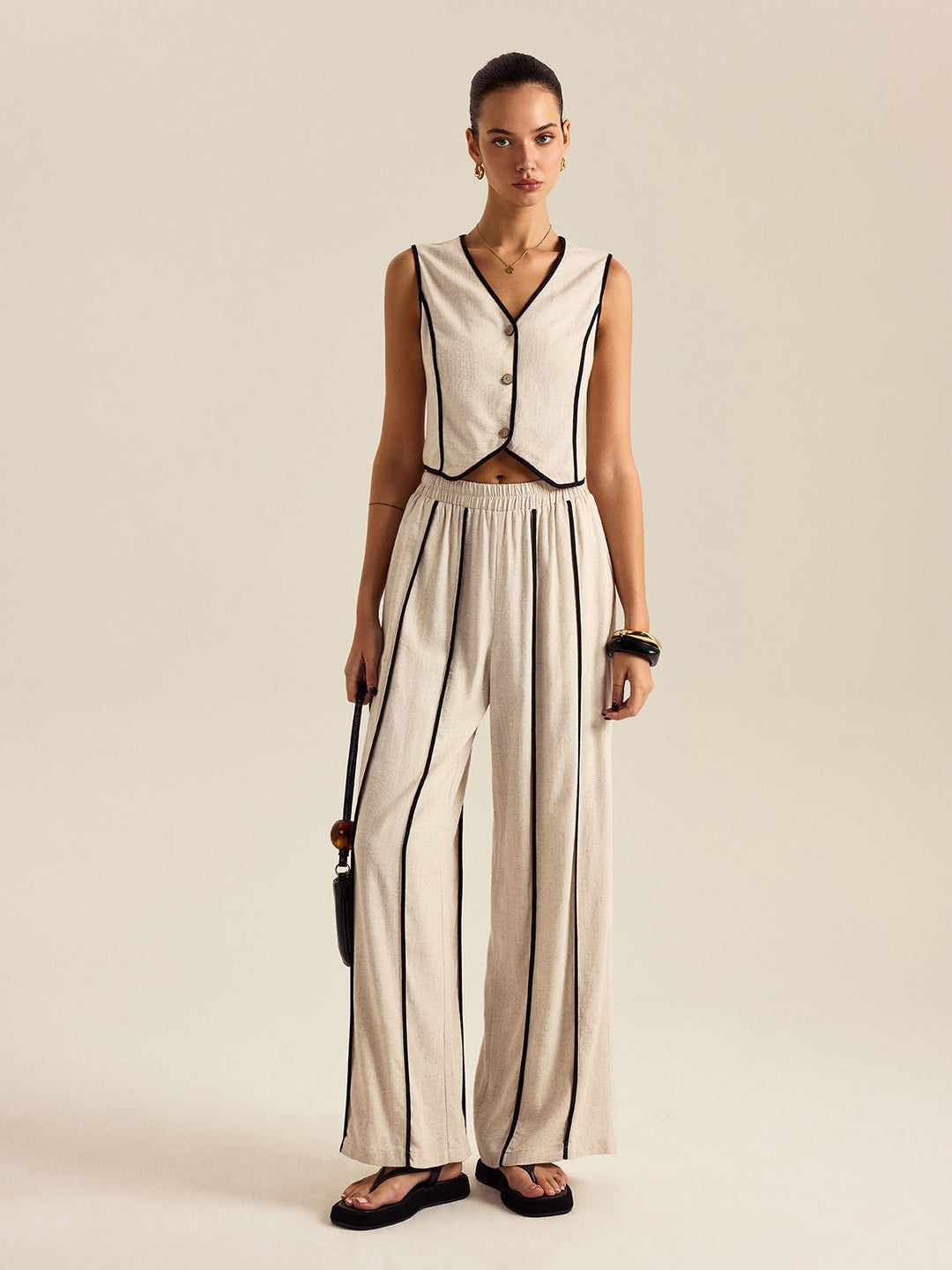 Ensemble Pantalon Rayé Lin & Coton Taille Élastique