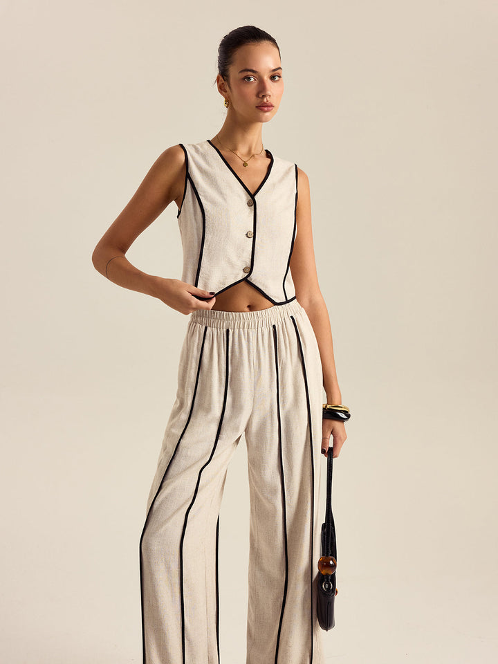 Ensemble Pantalon Rayé Lin & Coton Taille Élastique