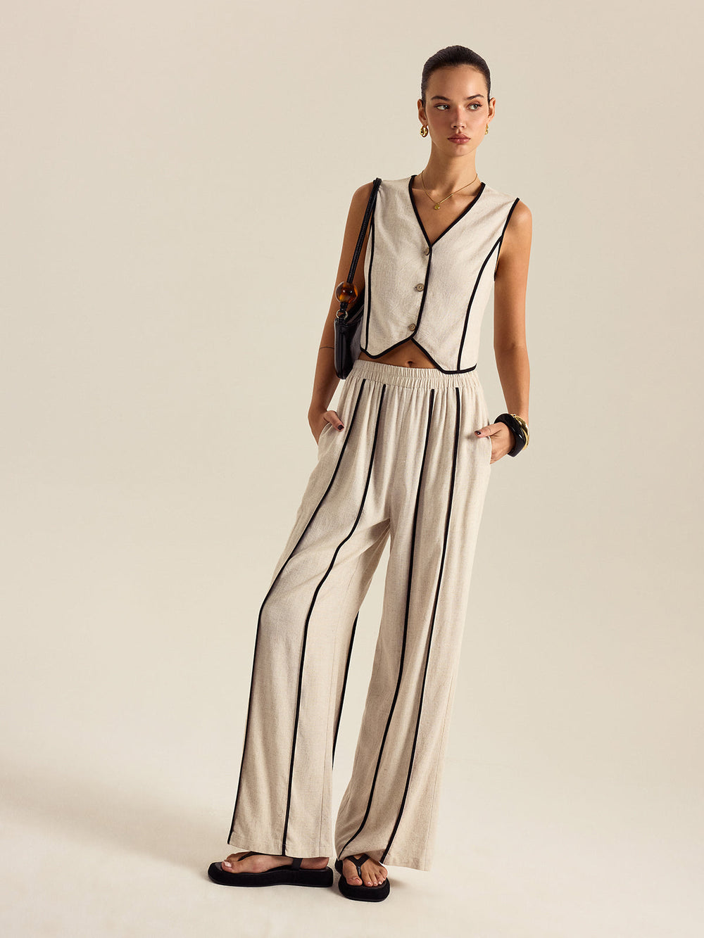 Ensemble Pantalon Rayé Lin & Coton Taille Élastique