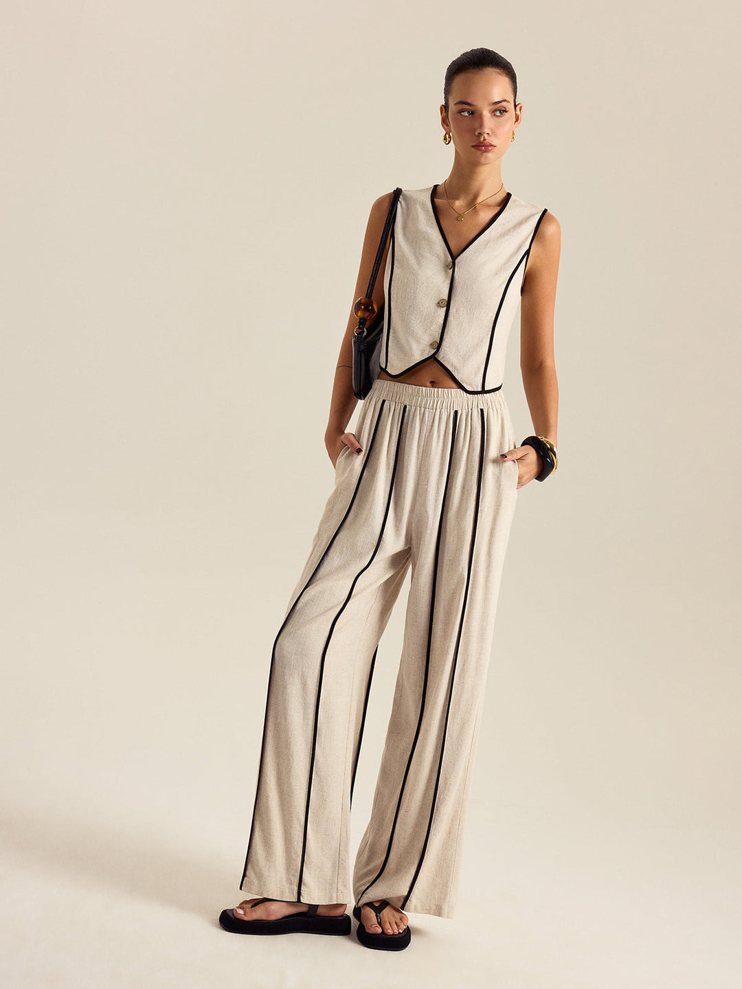 Ensemble Pantalon Rayé Lin & Coton Taille Élastique