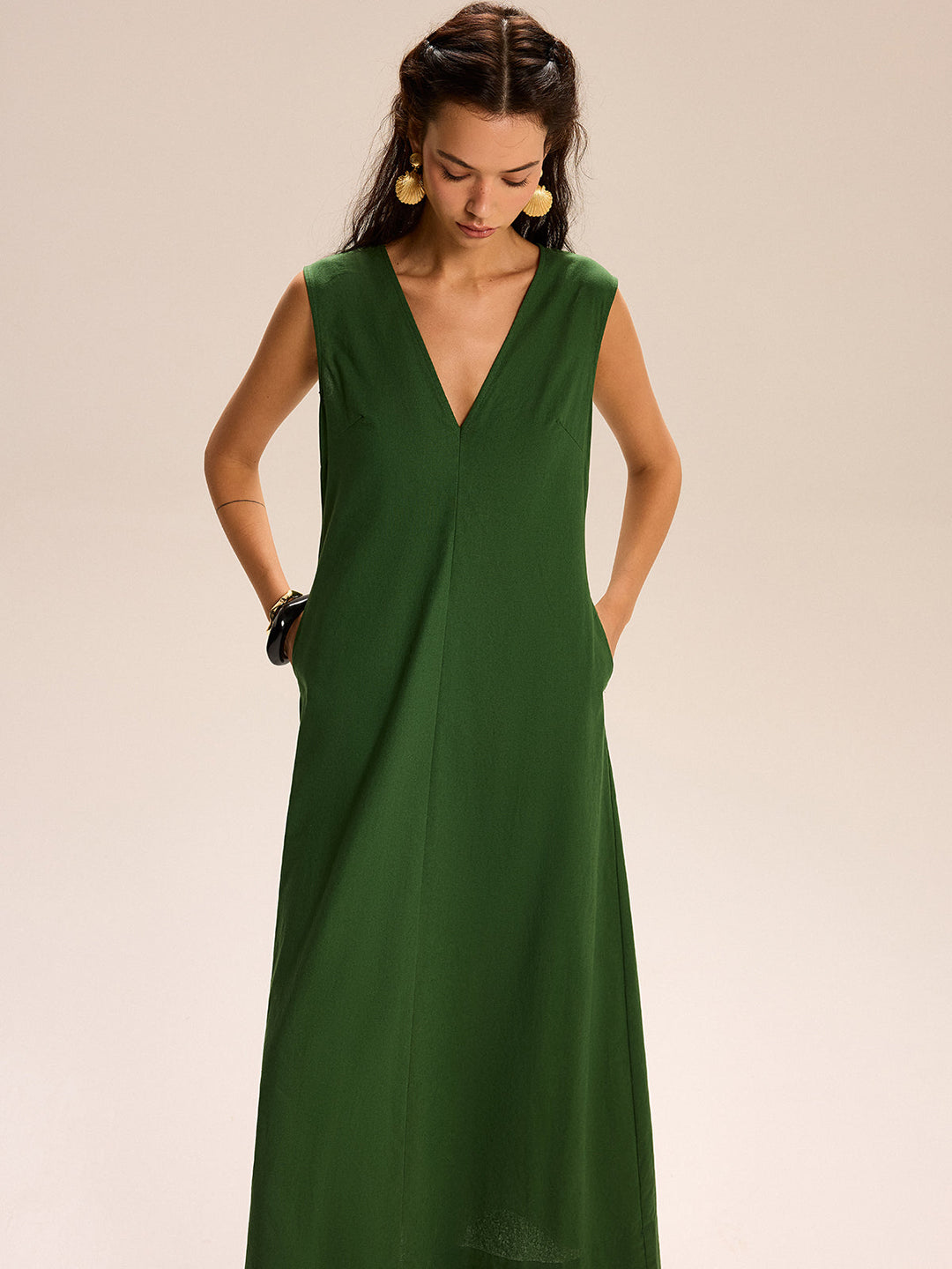 Robe Longue à Col en V et Poches en Lin et Coton