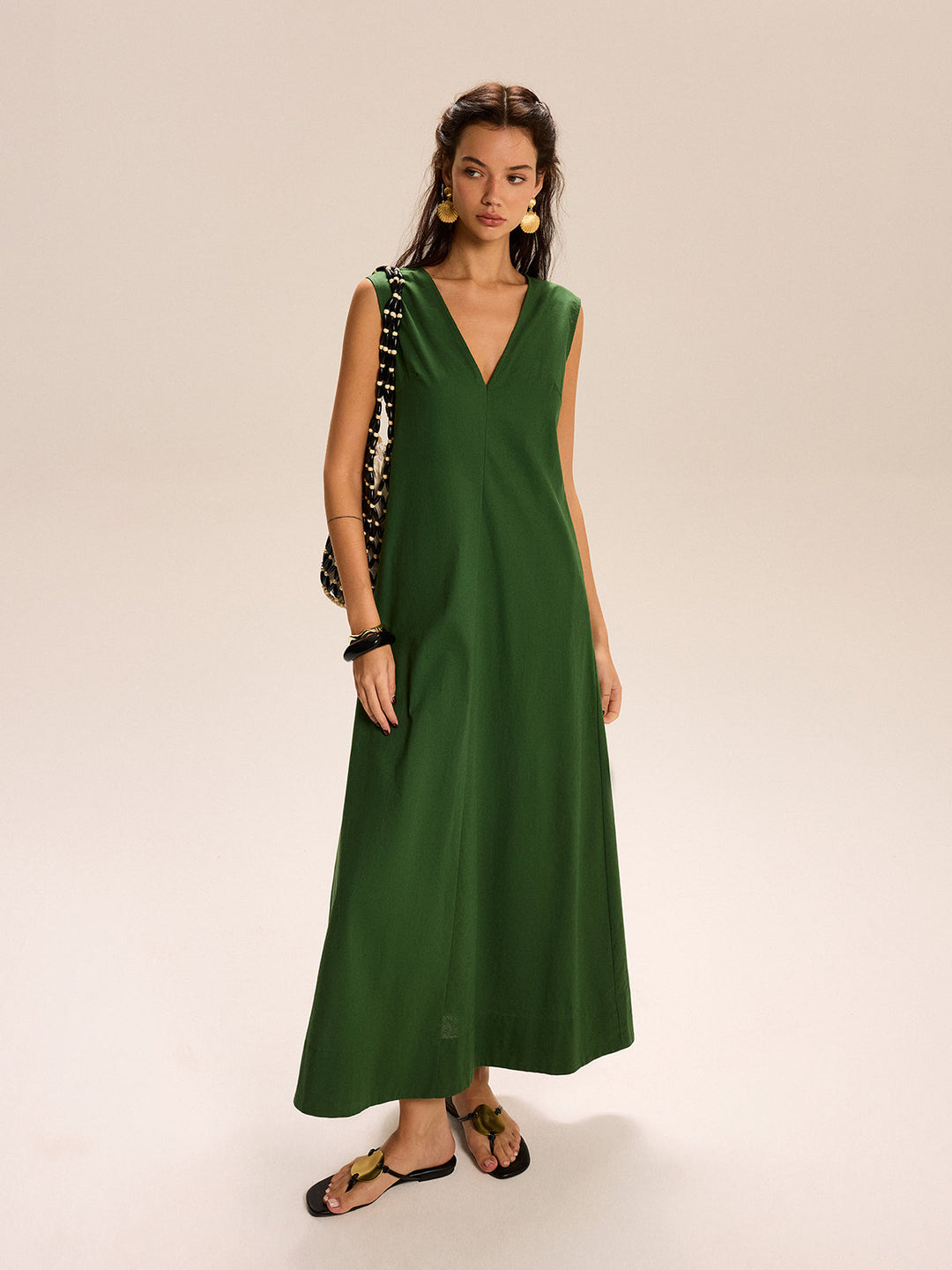 Robe Longue à Col en V et Poches en Lin et Coton