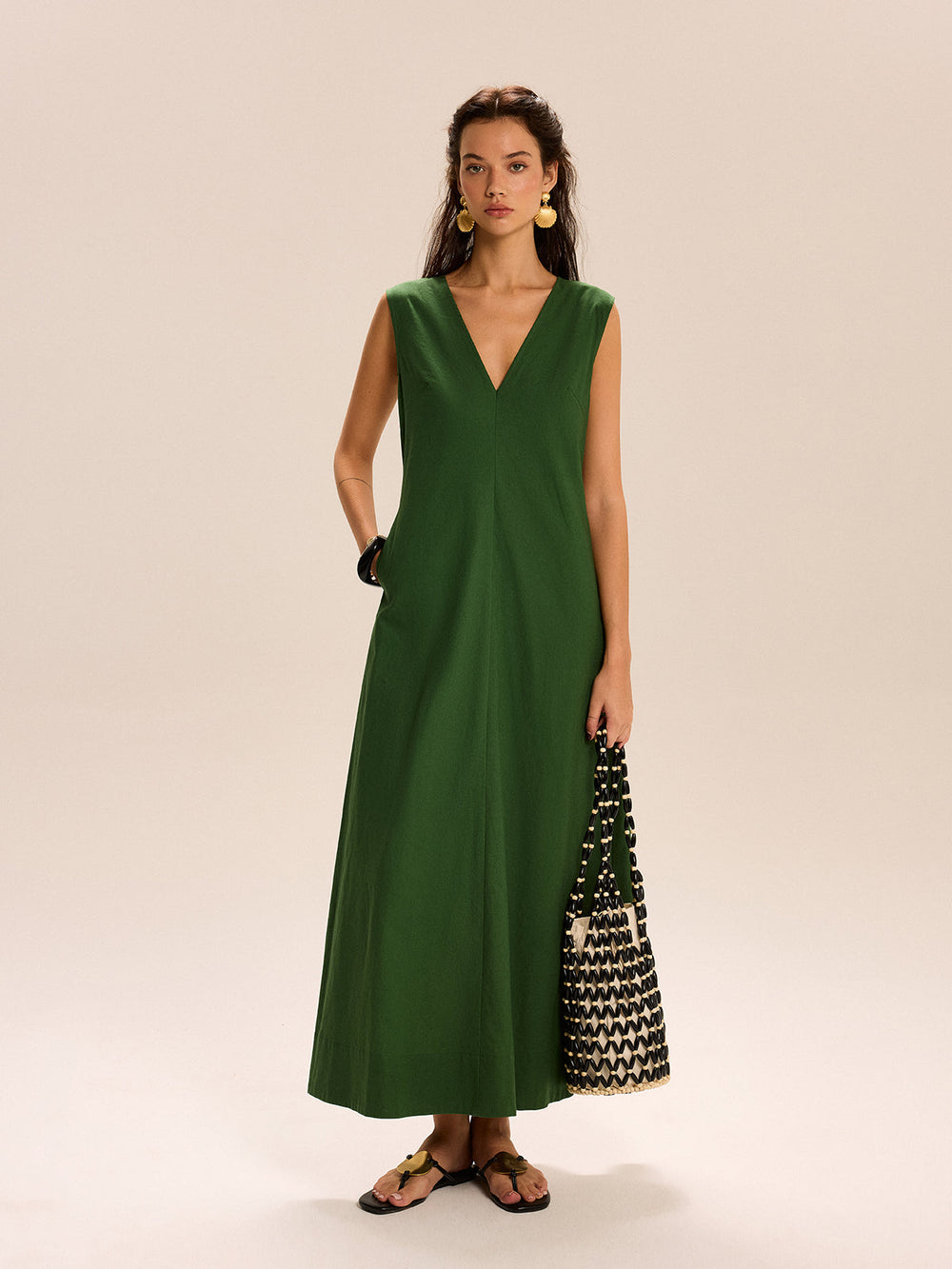 Robe Longue à Col en V et Poches en Lin et Coton