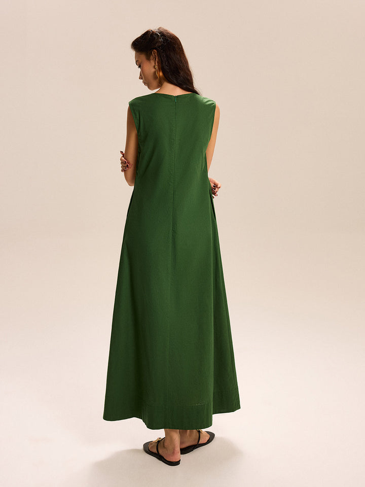 Robe Longue à Col en V et Poches en Lin et Coton