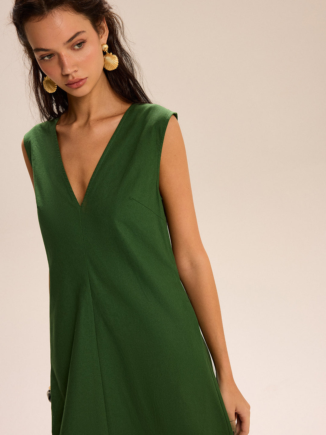 Robe Longue à Col en V et Poches en Lin et Coton