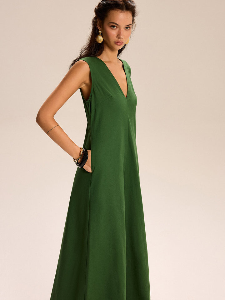Robe Longue à Col en V et Poches en Lin et Coton