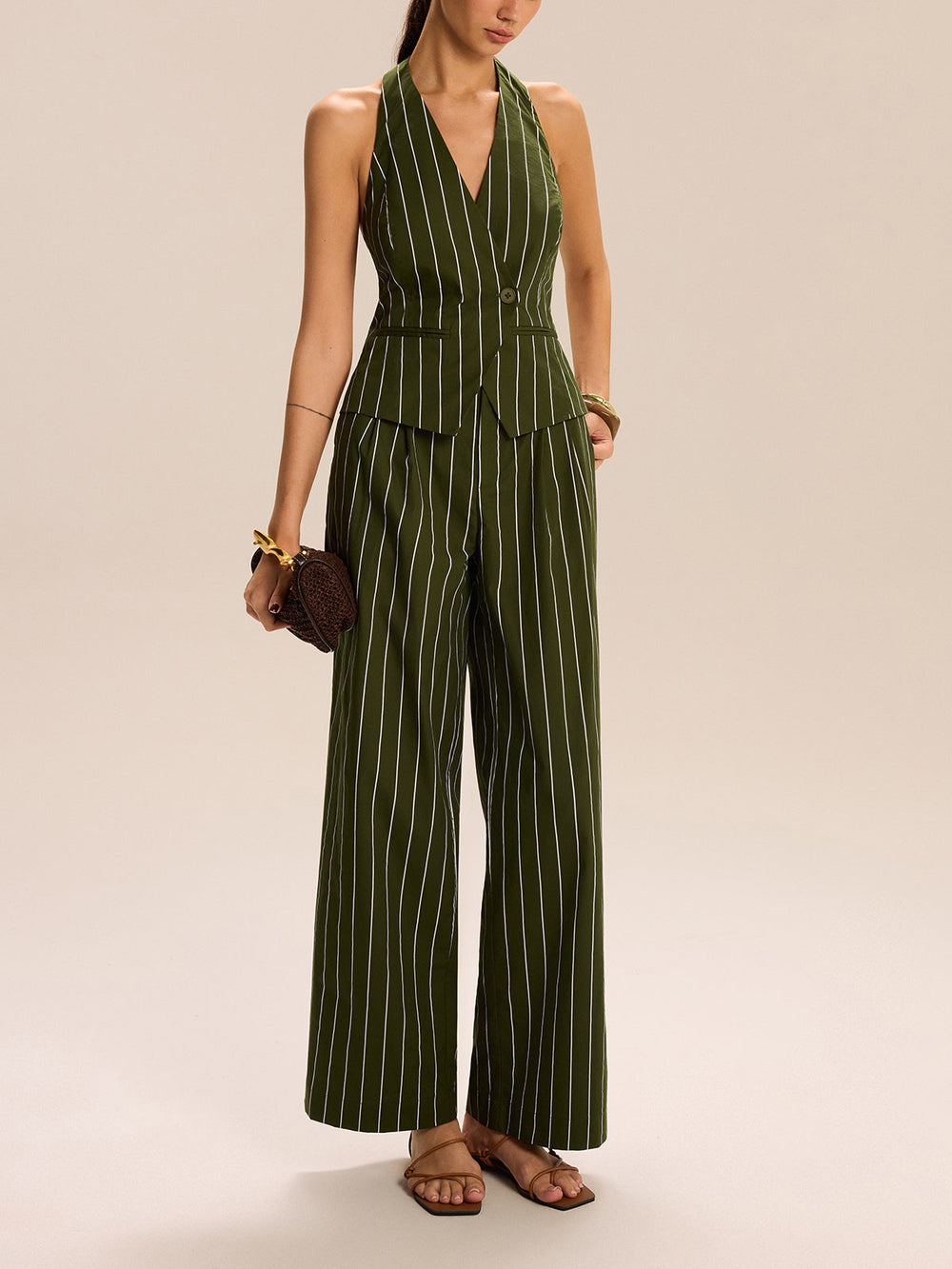 Ensemble jupe-culotte à col licou rayé et pantalon évasé