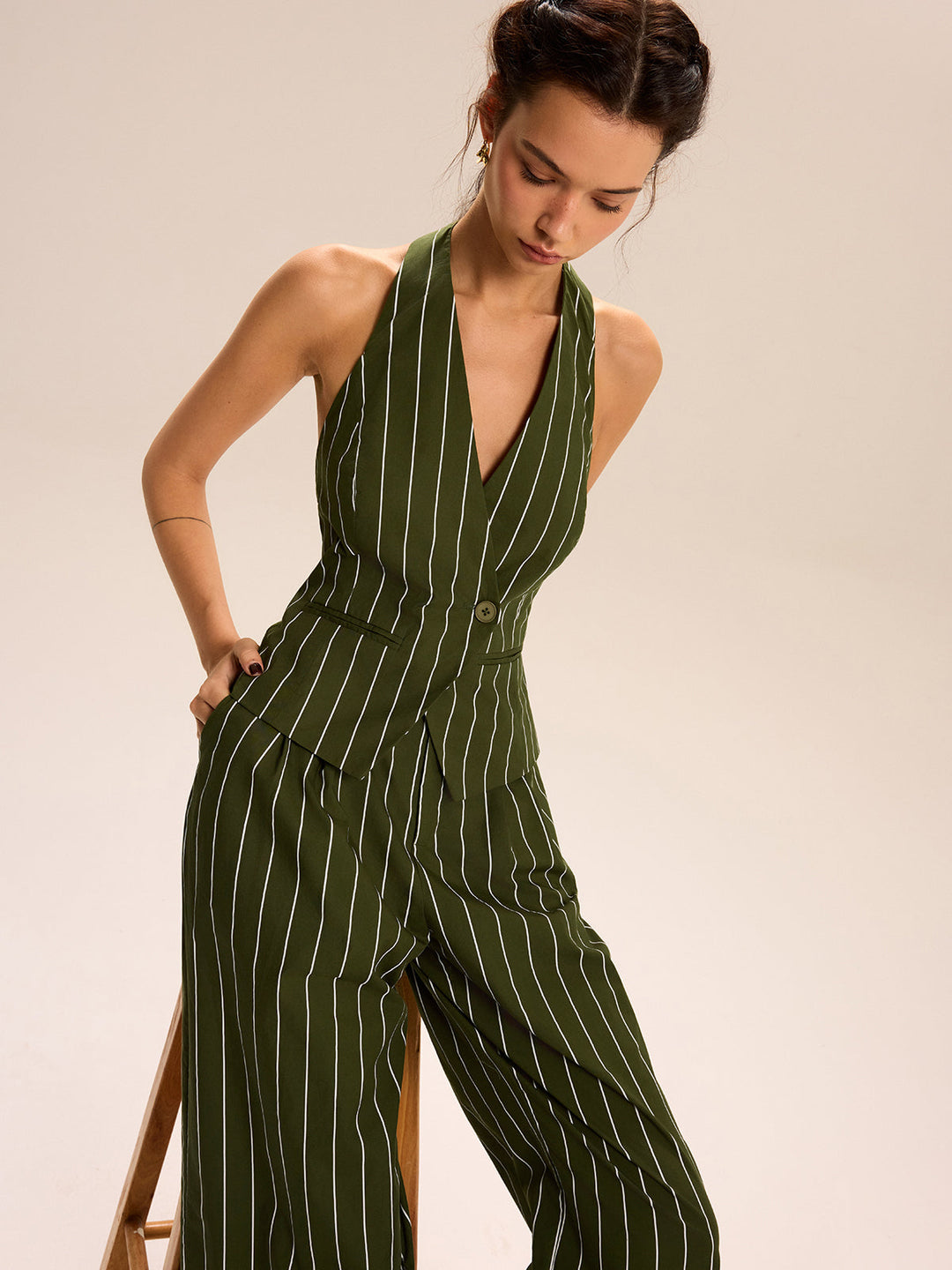 Ensemble jupe-culotte à col licou rayé et pantalon évasé