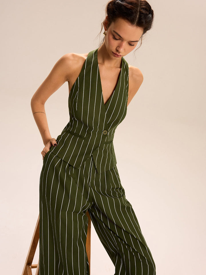 Ensemble jupe-culotte à col licou rayé et pantalon évasé