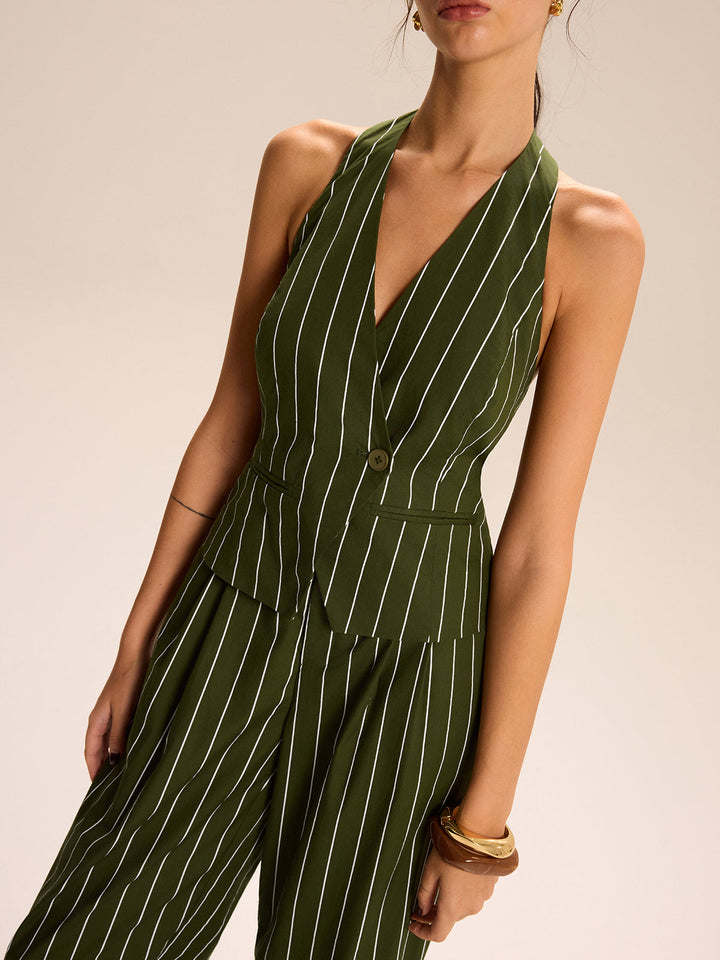 Ensemble jupe-culotte à col licou rayé et pantalon évasé