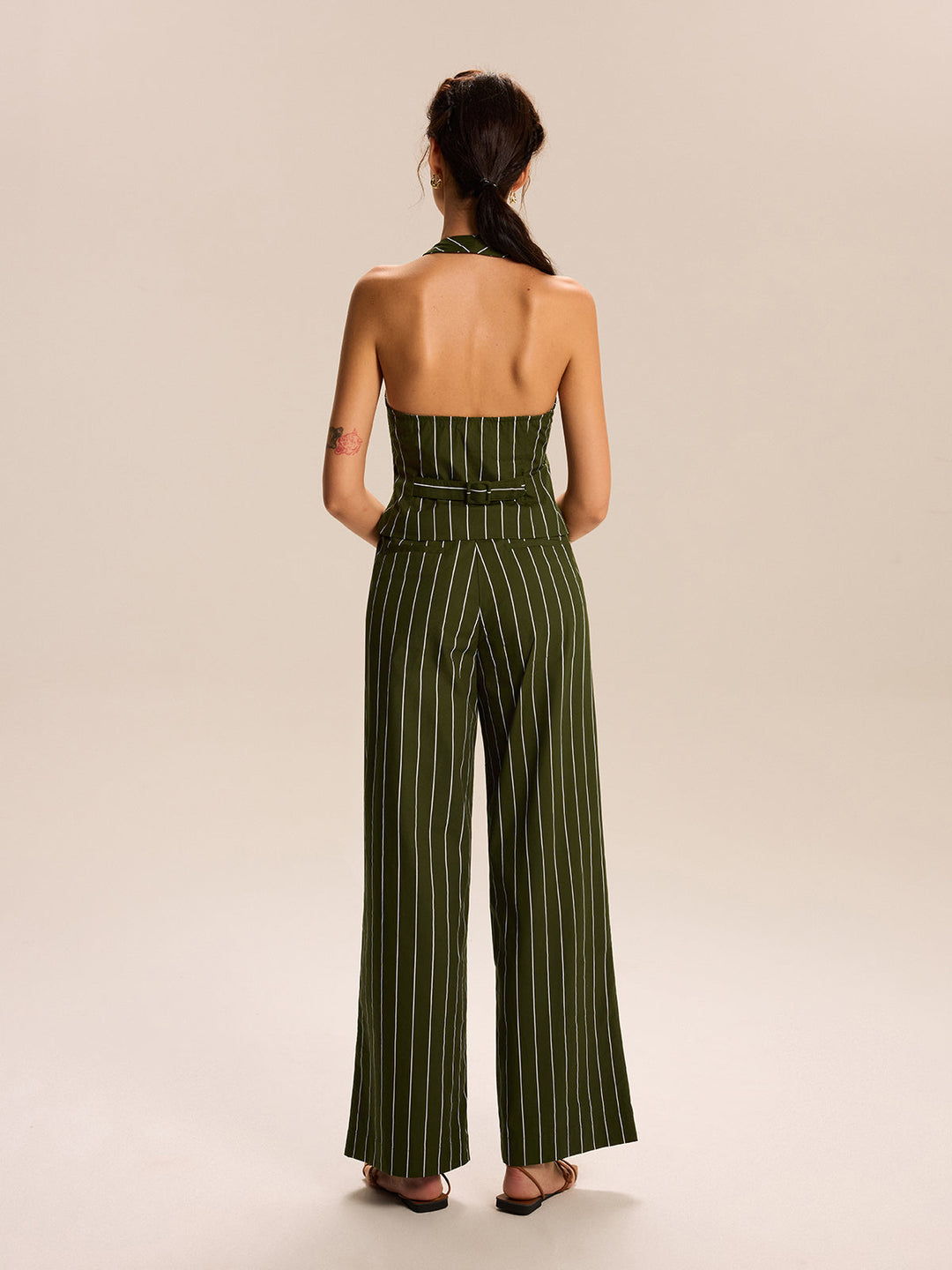 Ensemble jupe-culotte à col licou rayé et pantalon évasé