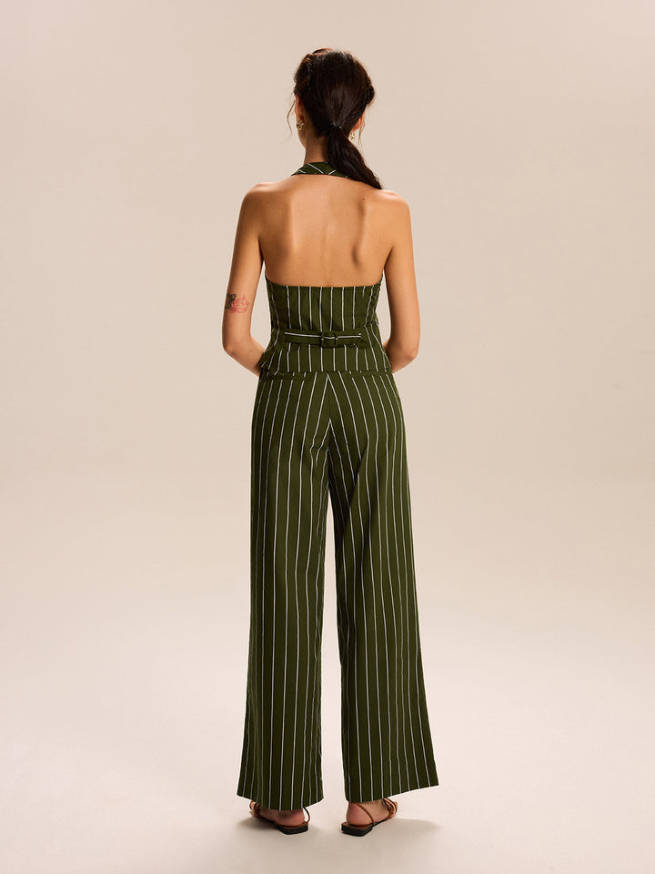 Ensemble jupe-culotte à col licou rayé et pantalon évasé