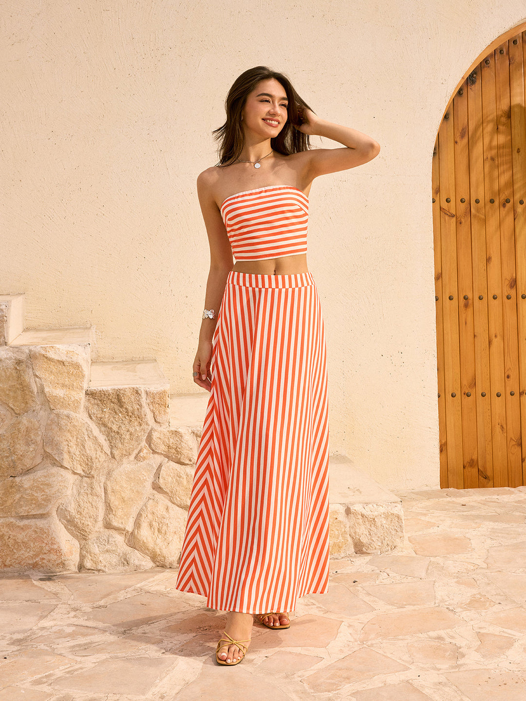 Ensemble Jupe Longue et Haut Bandeau à Rayures