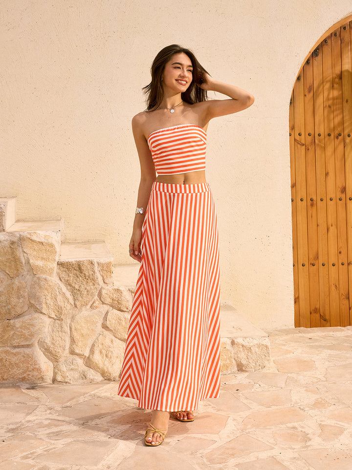 Ensemble Jupe Longue et Haut Bandeau à Rayures