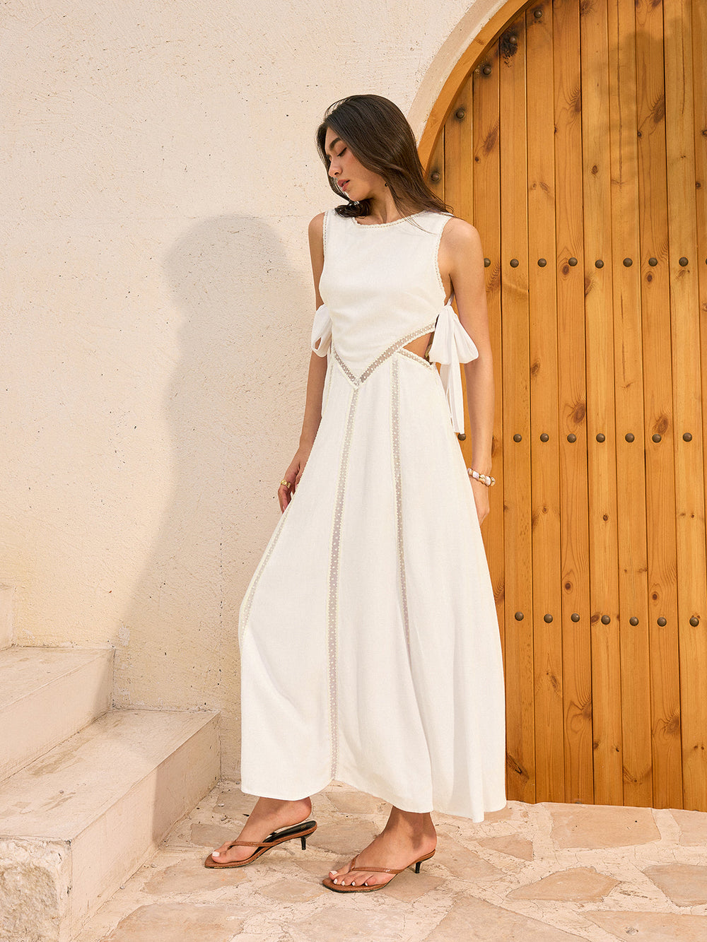 Robe Longue en Lin et Coton avec Liens au Dos