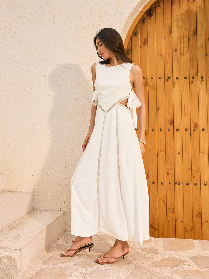 Robe Longue en Lin et Coton avec Liens au Dos