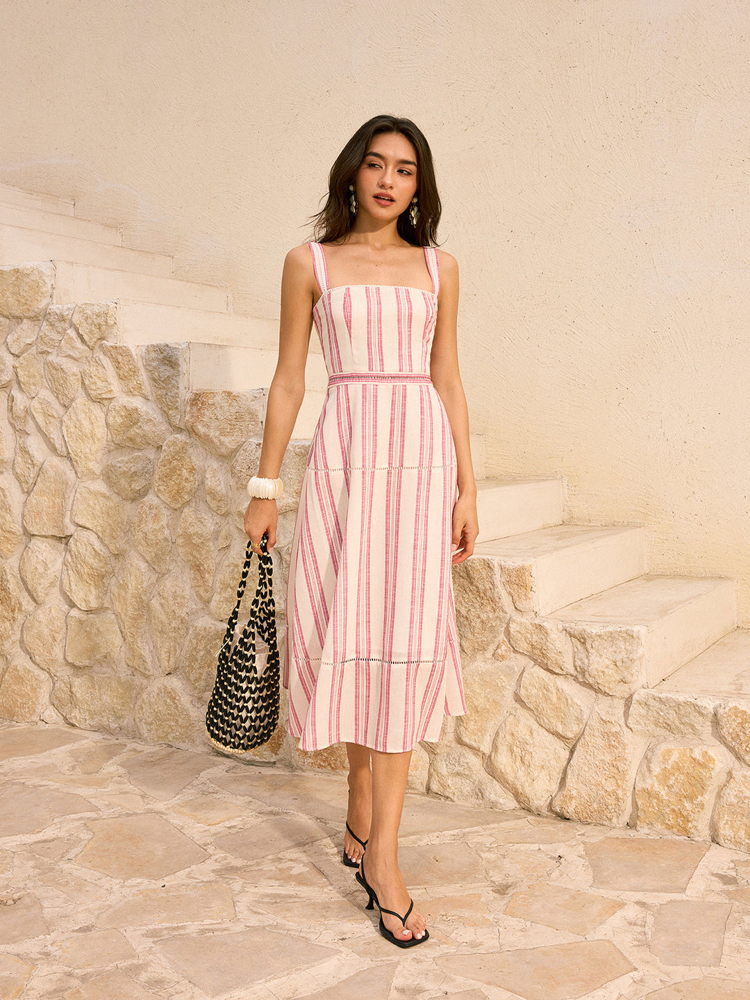 Robe mi-longue à volants en lin et coton