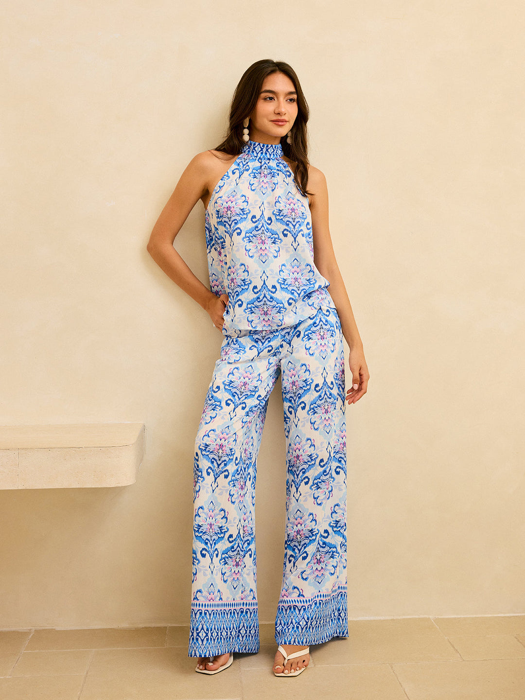 Pantalons Taille Haute Imprimé Floral Jambe Large