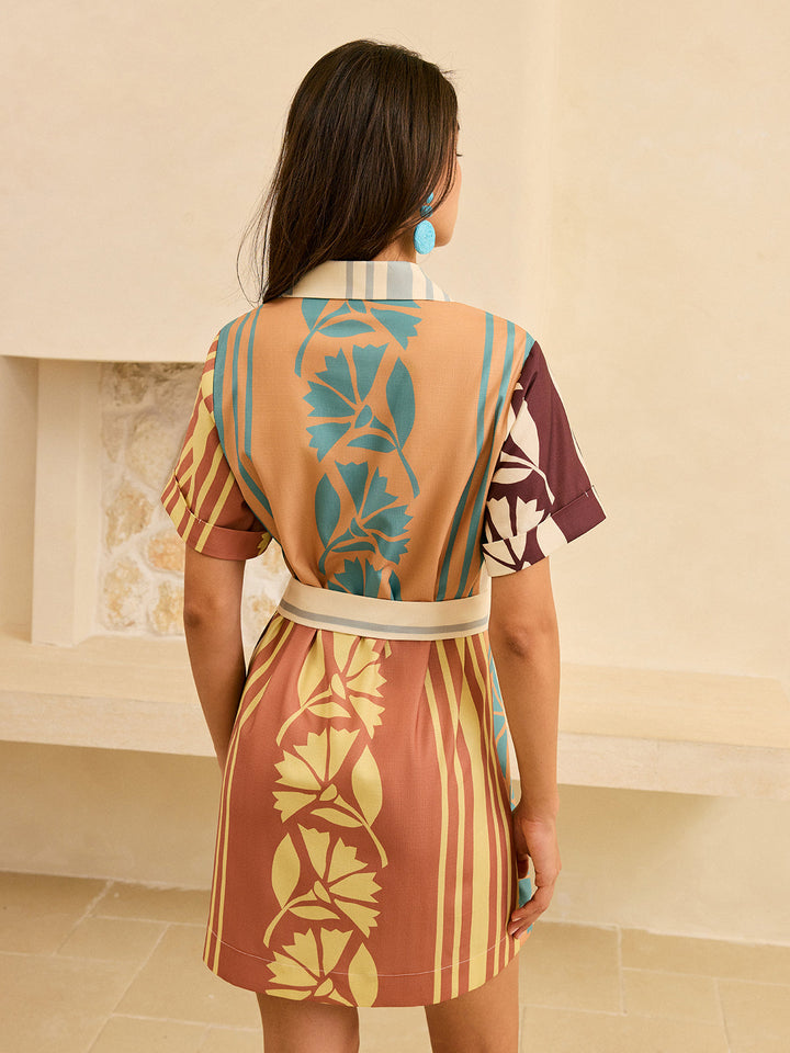 Robe Longue à Ceinture Imprimée Abstraite