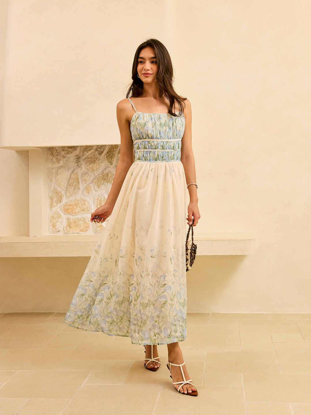 Robe Longue à Volants et Imprimé Floral Semi-Transparente